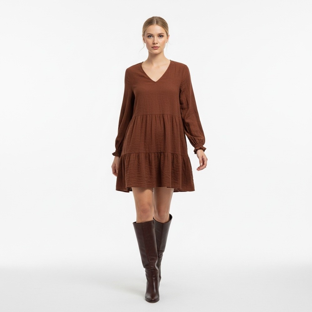 Tiered Corduroy Long Sleeve V-Neck Dress Brown Fall Cozy Mini Tunic XL